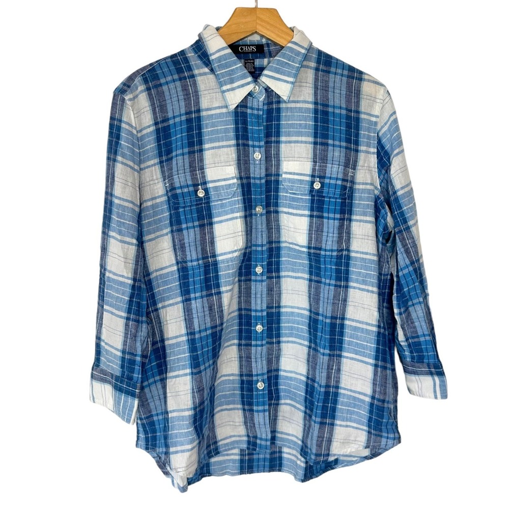 Chaps Denim Button Down Shirt XL Blue Plaid Linen Blend 3/4‎ Sleeve Pockets